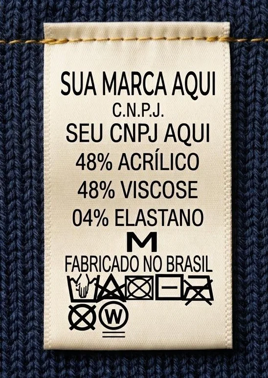 Etiqueta costurada em tricô marinho, com espaço para marca e CNPJ, composição de 48% acrílico, 48% viscose e 4% elastano, tamanho M, fabricado no Brasil e os símbolos de cuidado.